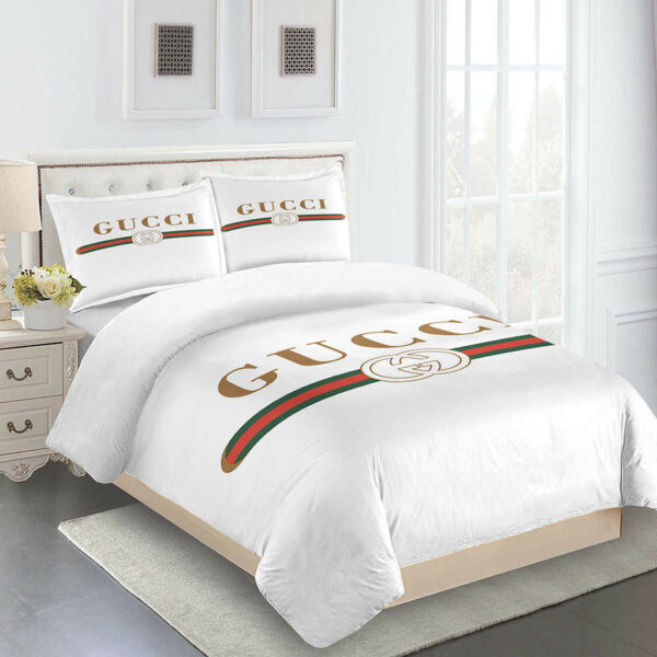 Gucci White And Brown Logo Brand Bedding Set Luxury Bedroom Home Decor Bedspread