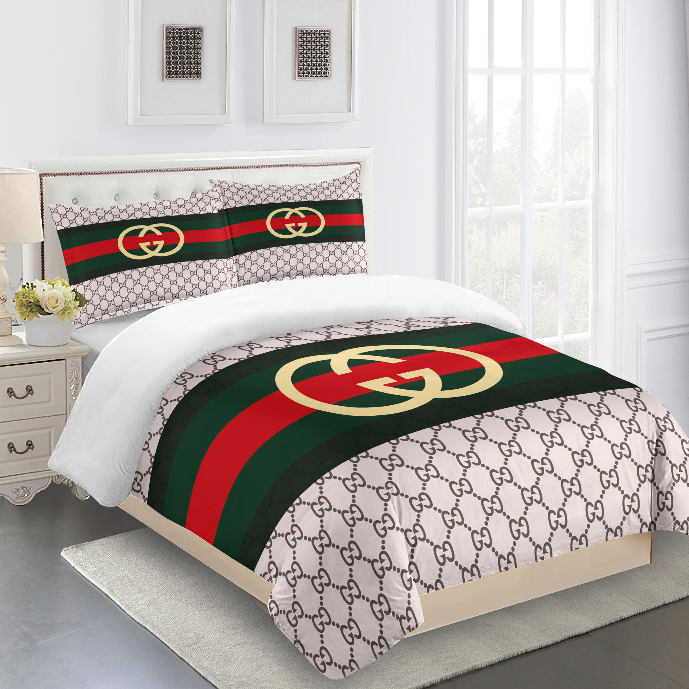 Gucci Italy Beige Red Gold Logo Brand Bedding Set Bedspread Home Decor Luxury Bedroom