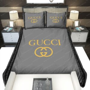 Grey Gucci Logo Brand Bedding Set Luxury Bedroom Bedspread Home Decor