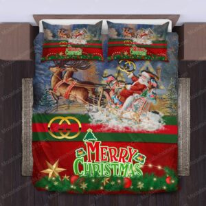 Santa Claus’S Reindeer Gucci Logo Brand Bedding Set Bedspread Bedroom Luxury Home Decor