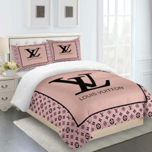 Full Pink And Black Louis Vuitton Logo Brand Bedding Set Bedspread Luxury Home Decor Bedroom