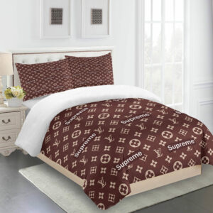 Brown Supreme Full Louis Vuitton Logo Brand Bedding Set Luxury Home Decor Bedroom Bedspread