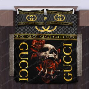 Gucci Skull And Roses Logo Brand Bedding Set Luxury Bedspread Home Decor Bedroom