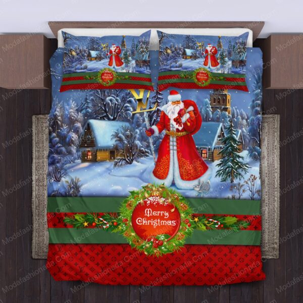 Santa Claus Louis Vuitton Logo Brand Bedding Set Luxury Home Decor Bedroom Bedspread