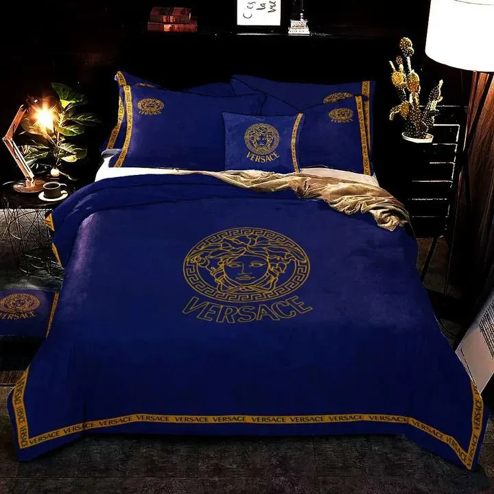 Versace Navy Blue Logo Brand Bedding Set Bedroom Luxury Bedspread Home Decor