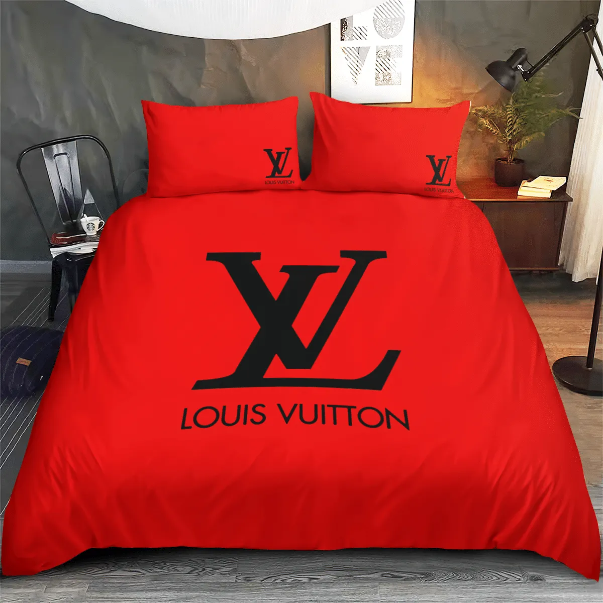 Louis Vuitton Red Louis Vuitton Logo Brand Bedding Set Bedroom Bedspread Luxury Home Decor