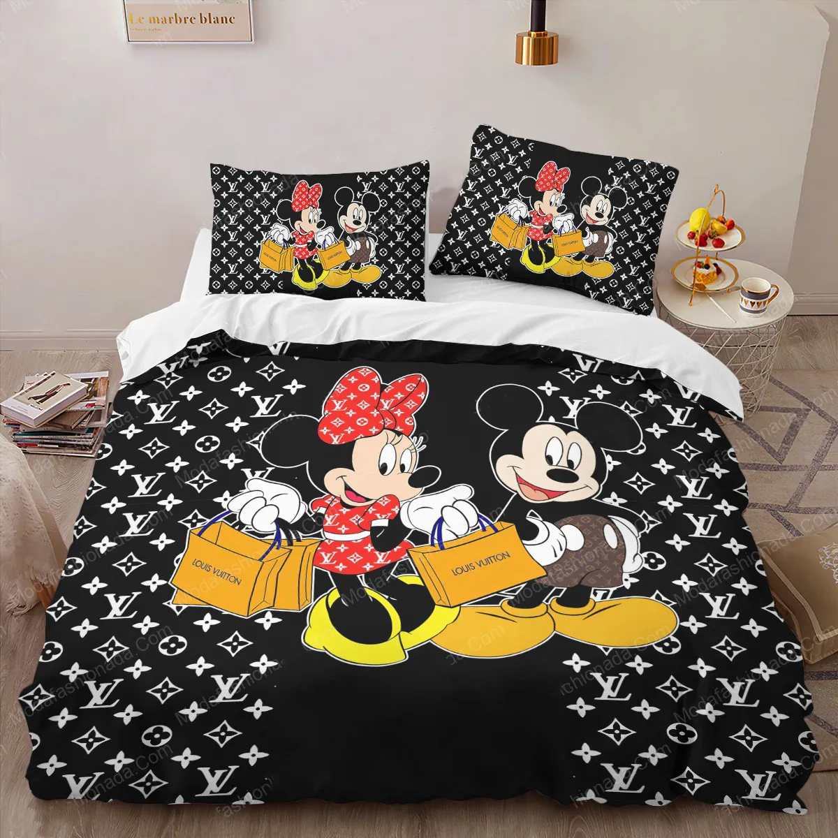 Louis Vuitton Mickey Mouse Logo Brand Bedding Set Bedroom Luxury Bedspread Home Decor