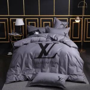 Louis Vuitton Grey Louis Vuitton Logo Brand Bedding Set Luxury Bedroom Home Decor Bedspread