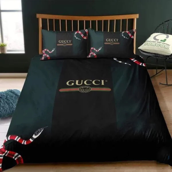 Gucci Snake Black Green Logo Brand Bedding Set Luxury Bedroom Home Decor Bedspread