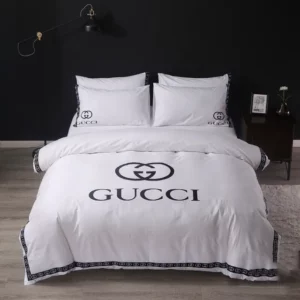 Gucci White Logo Brand Bedding Set Bedspread Luxury Bedroom Home Decor