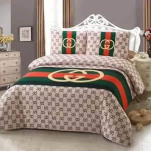 Gucci Brown Stripe Logo Brand Bedding Set Home Decor Luxury Bedroom Bedspread