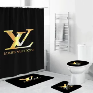 Louis Vuitton Lv Louis Vuitton Big Golden In Black Backgorund Bathroom Set Luxury Fashion Brand Home Decor Bath Mat Hypebeast