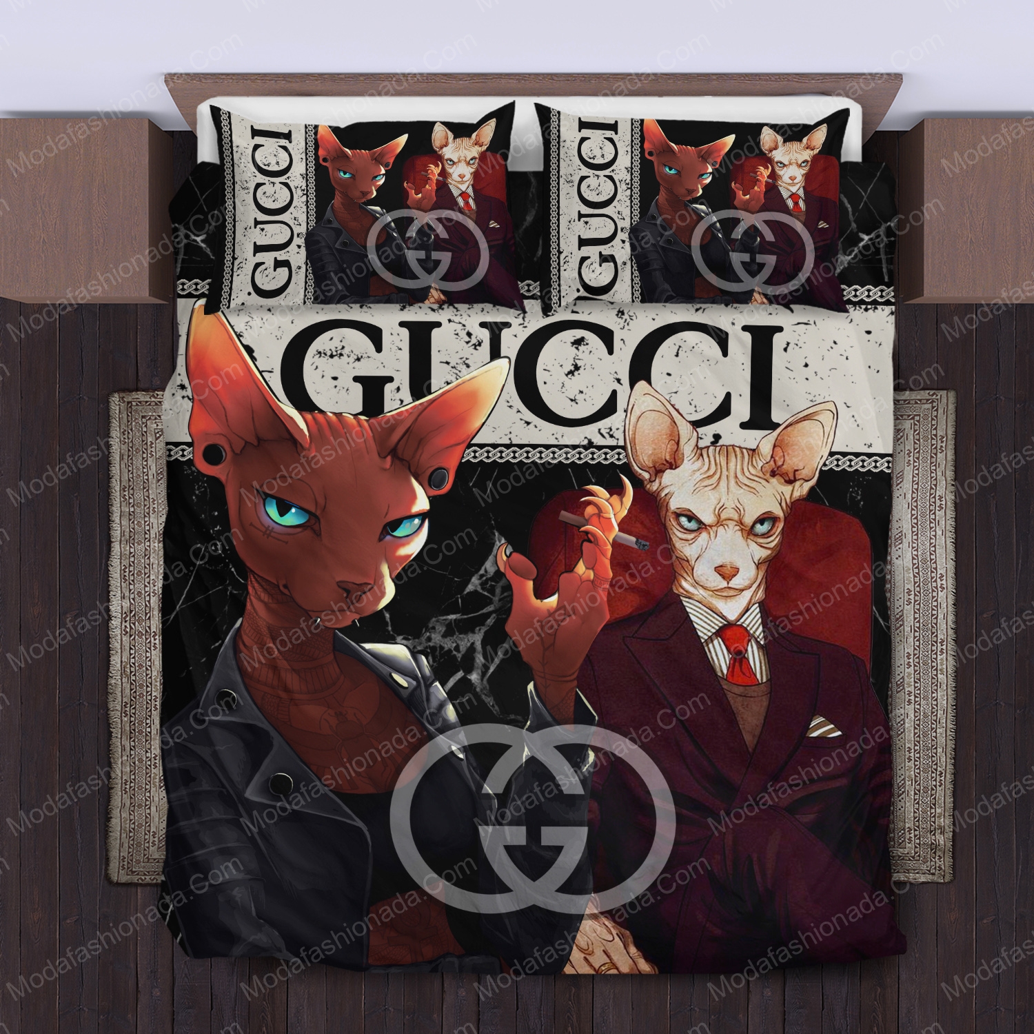 Sphynx Cat Gucci Logo Brand Bedding Set Bedspread Bedroom Home Decor Luxury