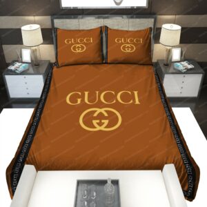 Brown Gucci Logo Brand Bedding Set Bedroom Home Decor Luxury Bedspread