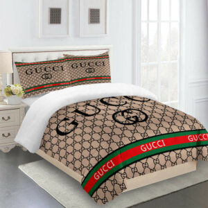 Gucci Beig Brown Red Green Logo Brand Bedding Set Home Decor Bedroom Luxury Bedspread