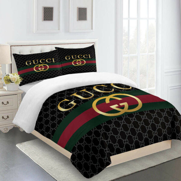 Gucci Black And Gold Logo Brand Bedding Set Bedroom Home Decor Bedspread Luxury