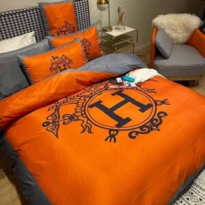 Hermes Logo Brand Bedding Set Luxury Bedspread Bedroom Home Decor