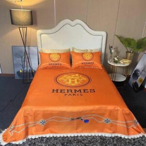 Hermes Paris Logo Brand Bedding Set Bedspread Bedroom Luxury Home Decor