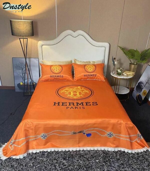 Hermes Paris Logo Brand Bedding Set Bedspread Bedroom Luxury Home Decor