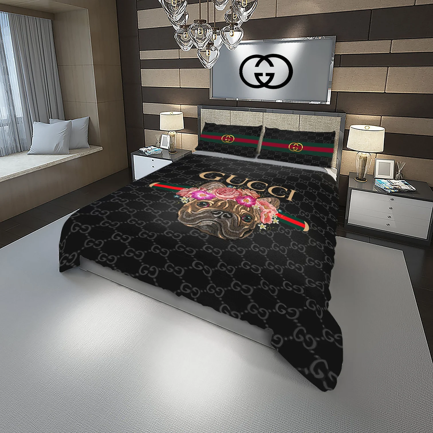 Gucci Doggy And Flowers Logo Brand Bedding Set Bedroom Home Decor Luxury Bedspread