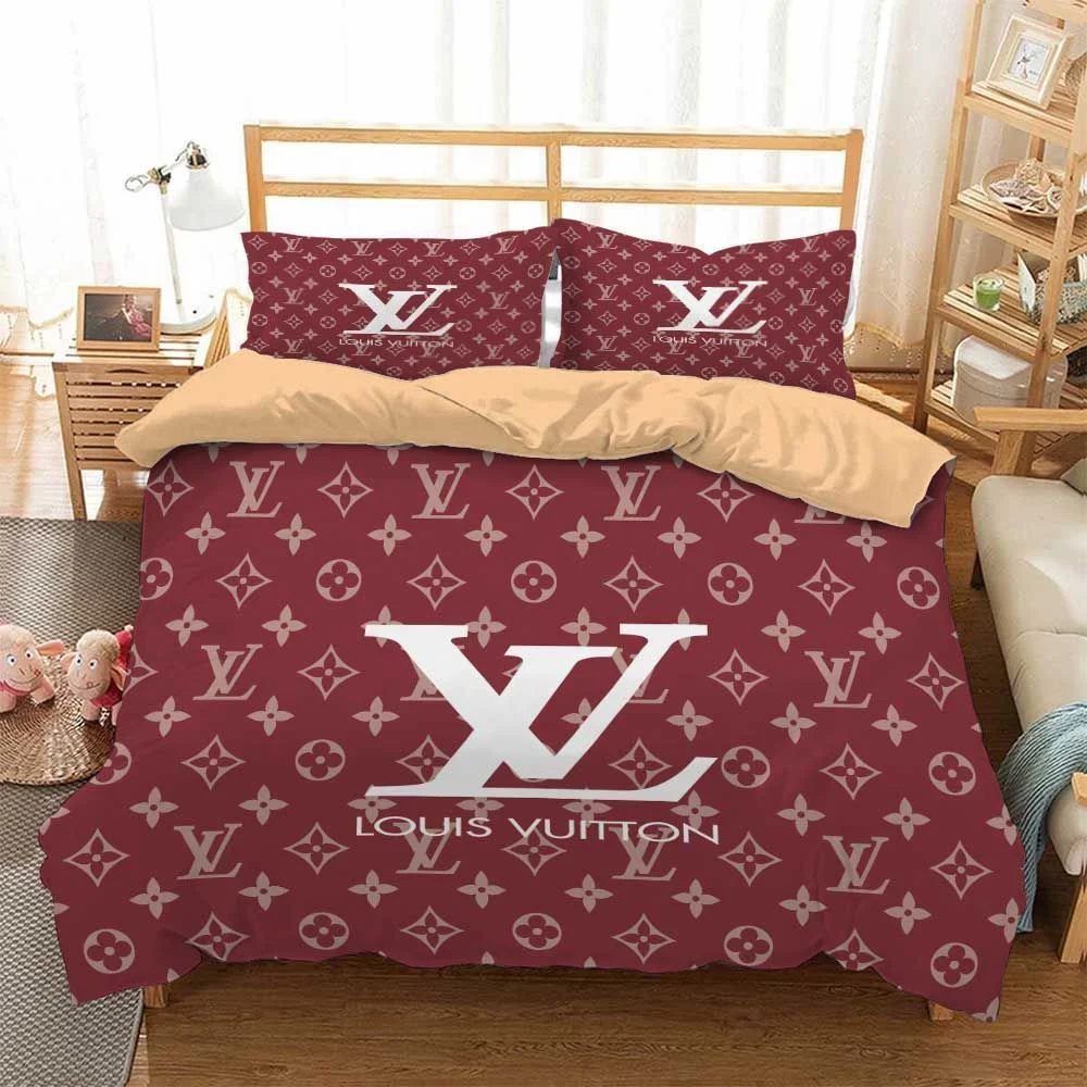 Louis Vuitton Red Logo Brand Bedding Set Luxury Home Decor Bedroom Bedspread