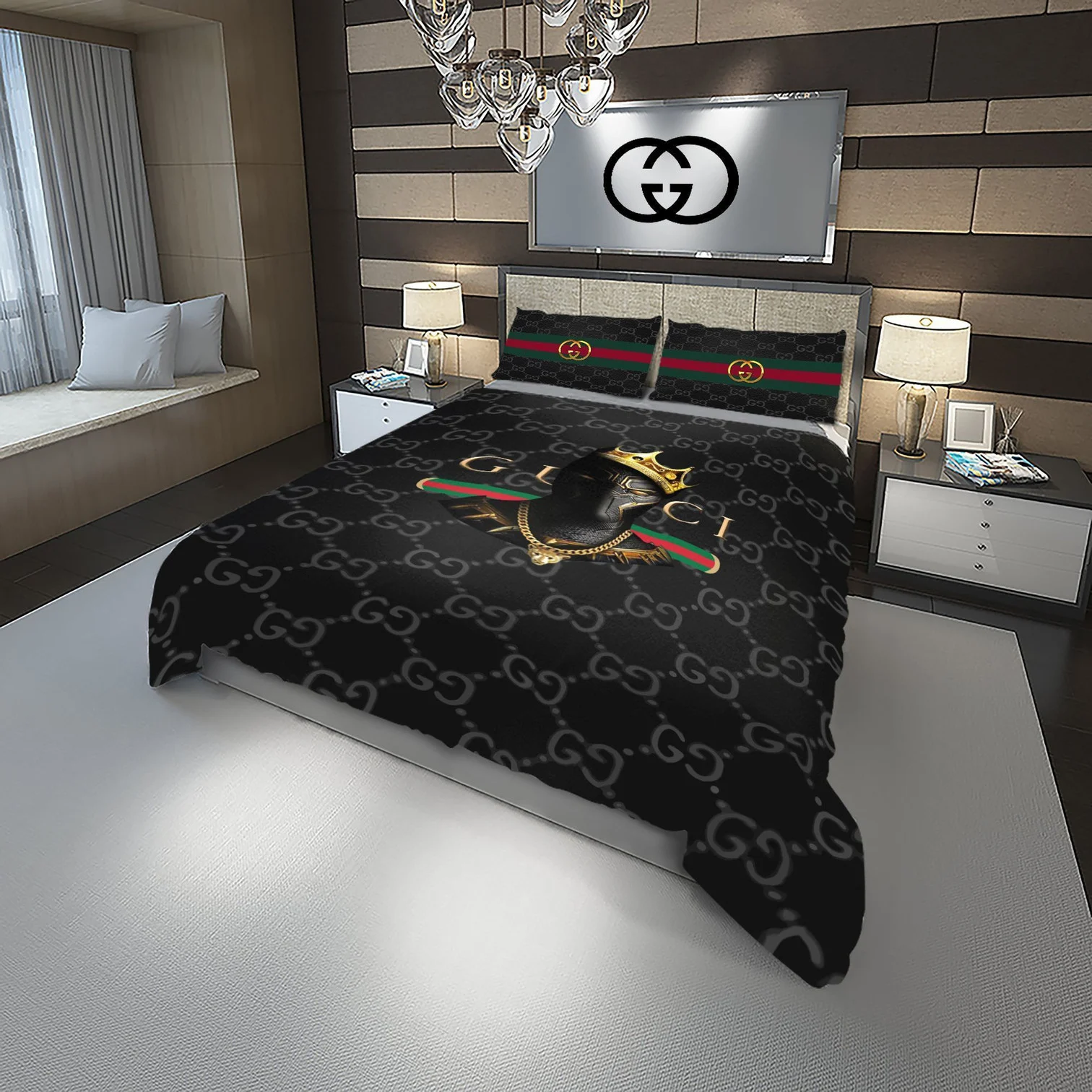 Gucci Black Panther Logo Brand Bedding Set Luxury Bedroom Home Decor Bedspread