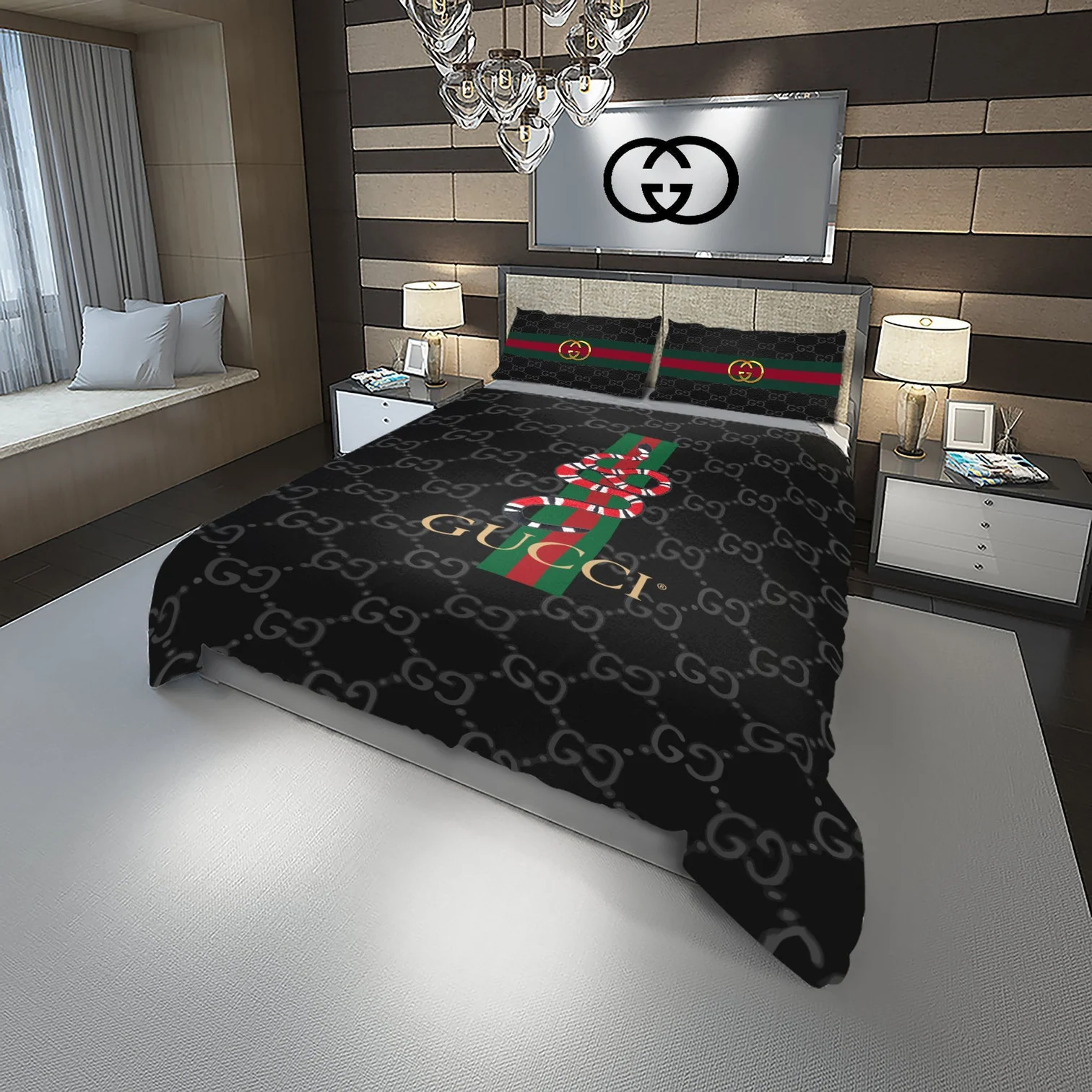 Gucci Snake Logo Brand Bedding Set Bedspread Home Decor Luxury Bedroom