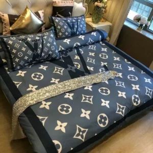 Louis Vuitton Blue And Black Logo Brand Bedding Set Luxury Bedspread Home Decor Bedroom