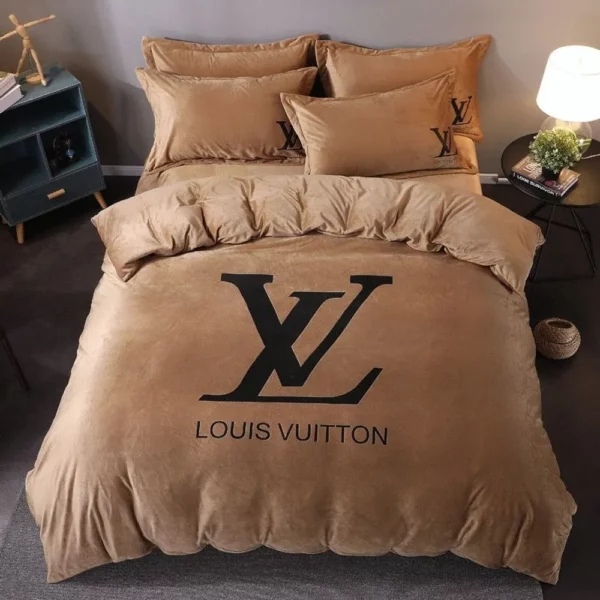 Louis Vuitton Brown Logo Brand Bedding Set Bedroom Luxury Home Decor Bedspread