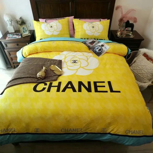 Chanel Yellow Roses Logo Brand Bedding Set Home Decor Bedspread Luxury Bedroom