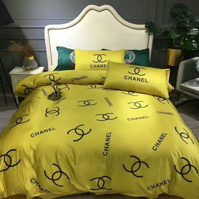 Chanel Yellow Logo Brand Bedding Set Bedspread Bedroom Home Decor Luxury