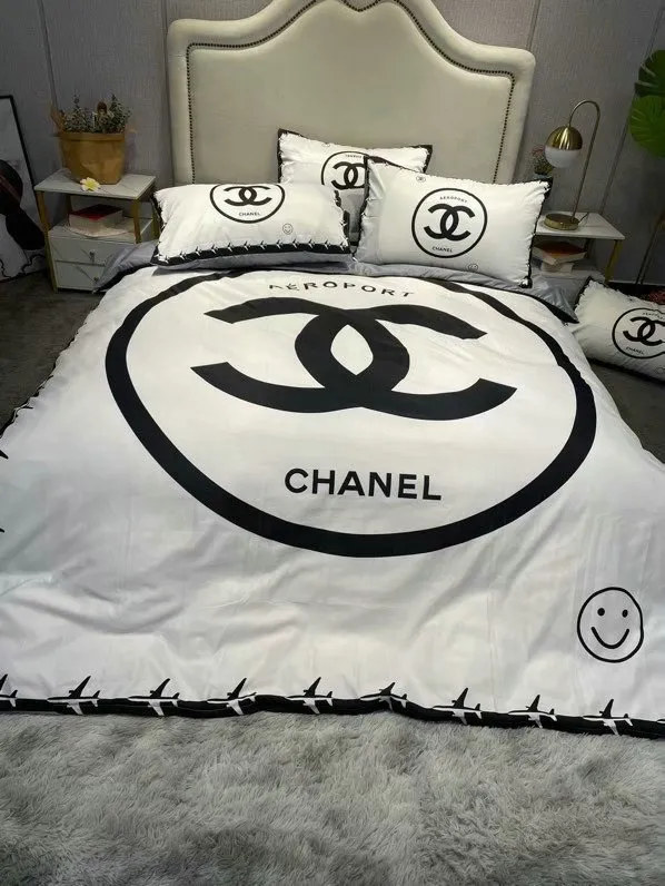 Chanel White Logo Brand Bedding Set Bedroom Bedspread Home Decor Luxury