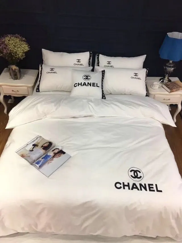 Chanel White Logo Brand Bedding Set Luxury Bedroom Home Decor Bedspread