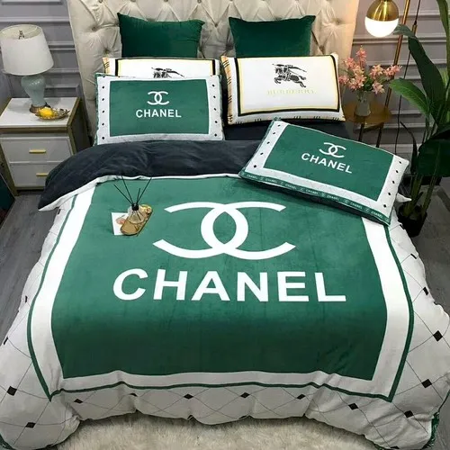 Chanel Green Logo Brand Bedding Set Luxury Bedspread Bedroom Home Decor