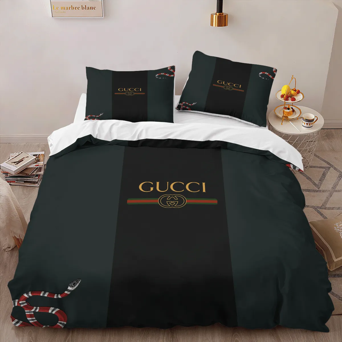 Gucci Dark Snake Louis Vuitton Logo Brand Bedding Set Home Decor Bedroom Luxury Bedspread