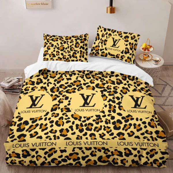 Louis Vuitton Yellow Logo Brand Bedding Set Home Decor Luxury Bedspread Bedroom