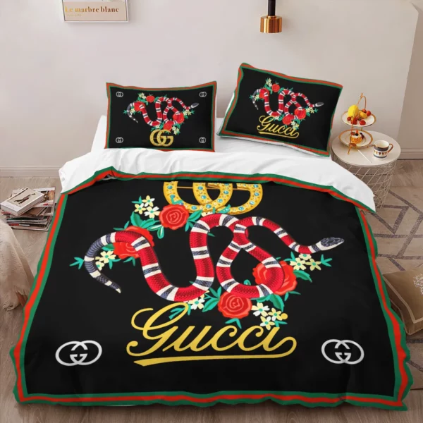 Gucci Red Snake Logo Brand Bedding Set Home Decor Bedspread Luxury Bedroom