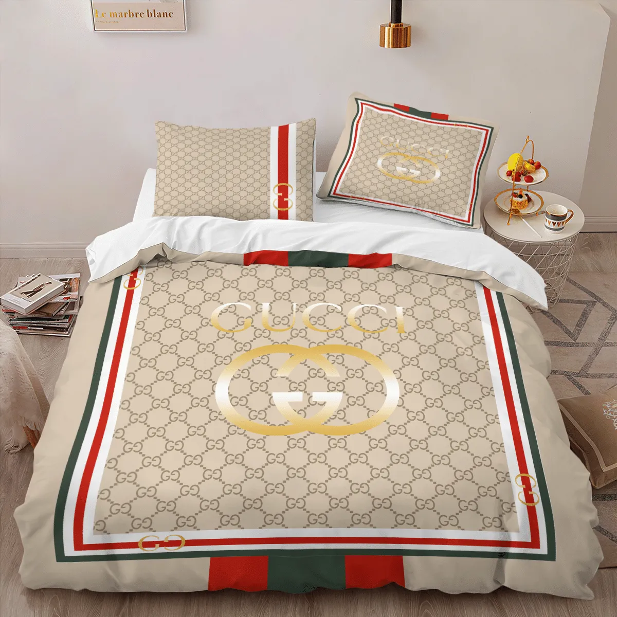 Gucci Yellow Logo Brand Bedding Set Home Decor Luxury Bedroom Bedspread