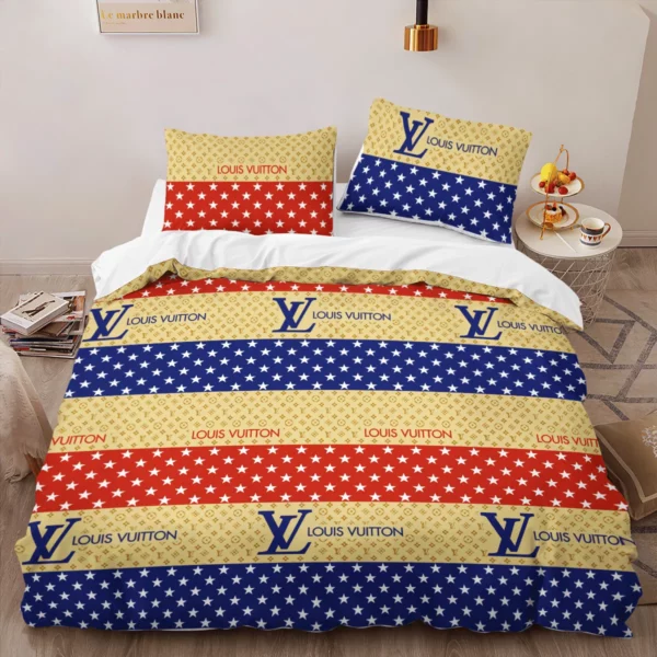 Louis Vuitton Colorful Louis Vuitton Logo Brand Bedding Set Bedroom Home Decor Luxury Bedspread