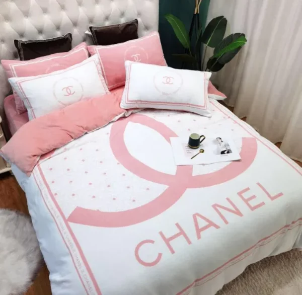 Pink Chanel Logo Brand Bedding Set Home Decor Bedroom Luxury Bedspread