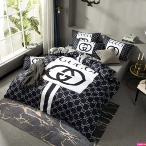 Gucci Navy Logo Brand Bedding Set Luxury Bedroom Home Decor Bedspread