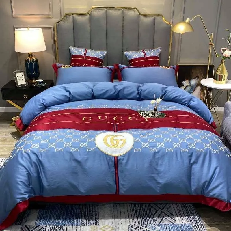 Gucci Blue Logo Brand Bedding Set Bedspread Home Decor Luxury Bedroom