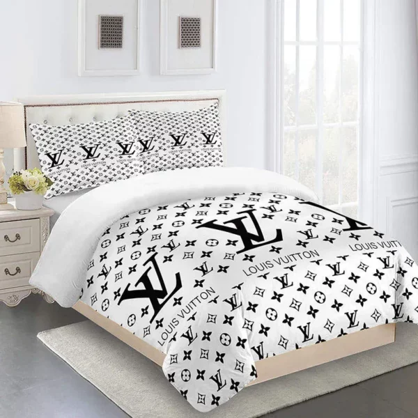 Louis Vuitton Logo Brand Bedding Set Bedspread Bedroom Home Decor Luxury