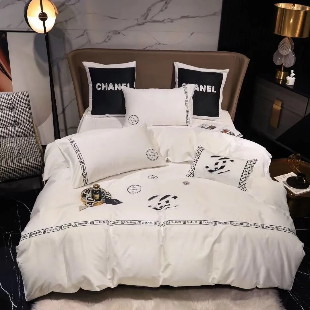 Chanel White Logo Brand Bedding Set Luxury Bedspread Bedroom Home Decor