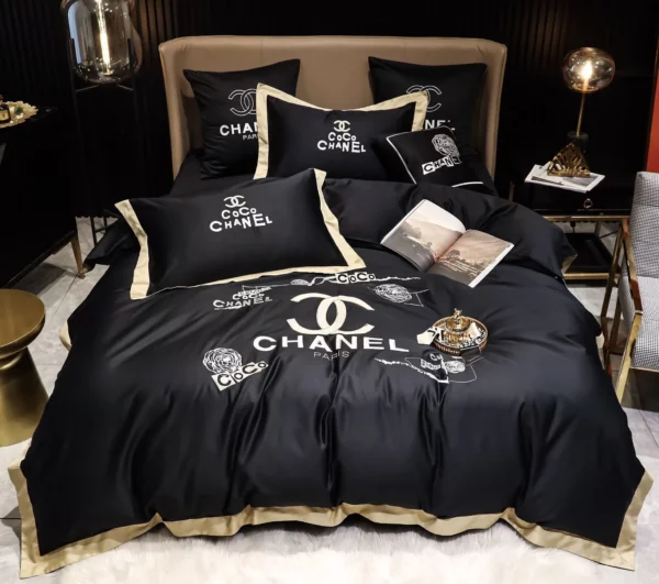 Coco Chanel Black Logo Brand Bedding Set Bedspread Bedroom Luxury Home Decor