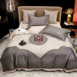 Gucci Cat Grey Logo Brand Bedding Set Luxury Bedroom Bedspread Home Decor