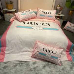 Gucci White Pink Logo Brand Bedding Set Bedroom Home Decor Bedspread Luxury