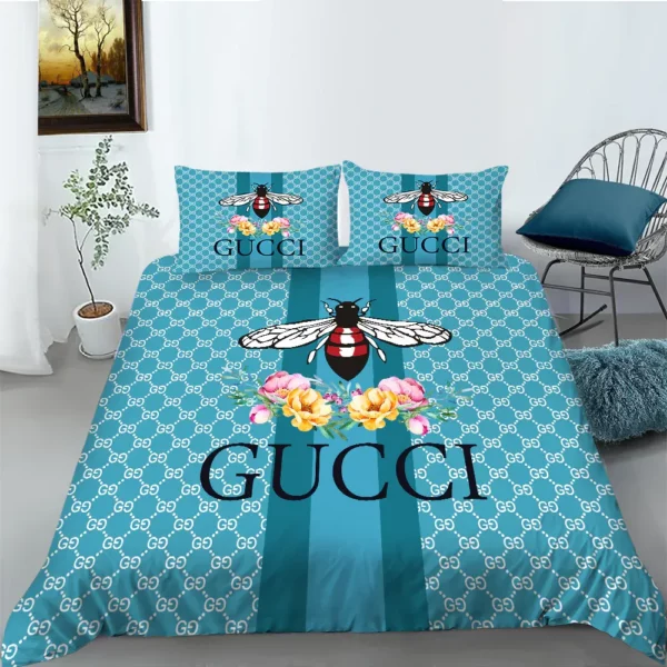 Gucci Bee Flowers Blue Logo Brand Bedding Set Luxury Home Decor Bedspread Bedroom