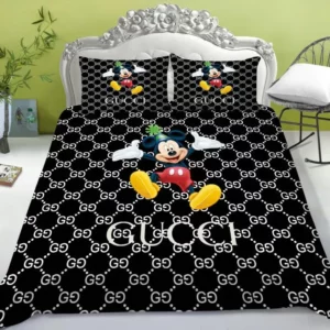 Gucci Mickey Black Logo Brand Bedding Set Luxury Bedspread Home Decor Bedroom