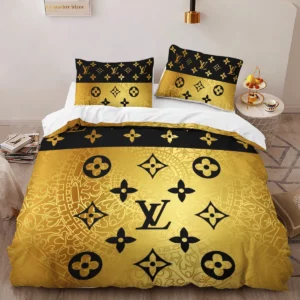 Louis Vuitton Golden Louis Vuitton Logo Brand Bedding Set Home Decor Luxury Bedspread Bedroom